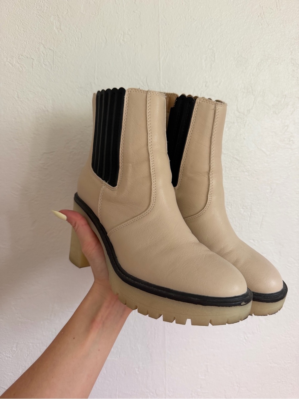 Neutral Beige Chelsea Block Heel Ankle Boots with Black Elastic